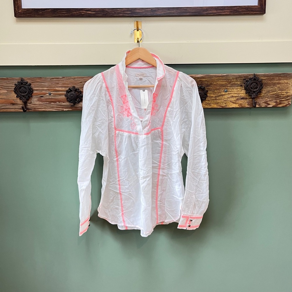 Pilcro Anthropologie White Neon Pink Embroidered‎ Boho Blouse XS NEW